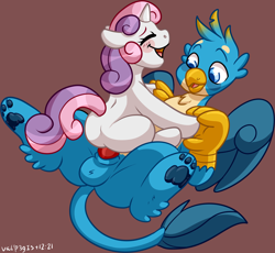 Size: 1902x1753 | Tagged: explicit, artist:walpurgie, sweetie belle, balls, butt, cowgirl position, cute, cute porn, duo, female, filly, foal, foalcon, g4, gallus, griffon, happy sex, holding hands, holding hooves, imported from derpibooru, male, no anus, nudity, paw pads, penetration, penis, plot, pony, sex, ship:gallbelle, shipping, spread legs, spreading, straight, unicorn, vaginal