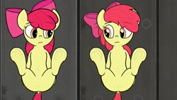 Size: 1920x1080 | Tagged: explicit, artist:dailevy, apple bloom, anus, apple bloom's bow, bow, dock, duality, duo, earth pony, edit, female, filly, foal, foalcon, frog (hoof), g4, game, hair bow, imported from derpibooru, legs in air, looking at each other, looking at someone, lying down, nudity, pony, secret horse files, self paradox, self ponidox, spread legs, spreading, tail, underhoof, vulva