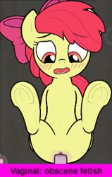 Size: 686x1080 | Tagged: explicit, artist:dailevy, apple bloom, ahegao, apple bloom's bow, blushing, bow, dock, earth pony, female, fetish, filly, foal, foalcon, g4, game, hair bow, hitachi wand, imported from derpibooru, insertion, legs in air, lying down, needs more jpeg, nudity, open mouth, pony, secret horse files, sex, sex toy, solo, solo female, spread legs, spreading, tail, tongue out, underhoof, vaginal insertion, vibrator, vulva