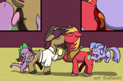Size: 1280x845 | Tagged: explicit, artist:caluriri, spike, analingus, analingus on male, anus, big backintosh, big macintosh, big macintosh's yoke, big subbingtosh, bisexual, both sexes in same situation, butt, dragon, earth pony, female, female on male, female on male analingus, filly, filly on stallion, foal, foalcon, g4, gay, horse collar, imported from derpibooru, interspecies, kiss on the lips, kissing, male, nudity, oral, pegasus, penis, plot, pony, reverse foalcon, sex, snap shutter, stallion, straight, unshorn fetlocks, wind sprint, winged spike, wings