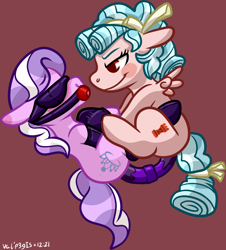 Size: 1476x1631 | Tagged: explicit, artist:walpurgie, diamond tiara, alternate version, armbinder, ballgag, bedroom eyes, blindfold, blush sticker, blushing, bondage, clothes, cozy glow, cozydom, diamondglow, diamondsub tiara, dildo, doubleheaded dildo, ear blush, earth pony, female, filly, filly on filly, foal, foalcon, g4, gag, imported from derpibooru, insertion, latex, legwear, lesbian, pegasus, pony, sex, sex toy, shipping, smiling, smirk, socks, stockings, thigh highs, vaginal insertion, victorious villain, wing sleeves, wings