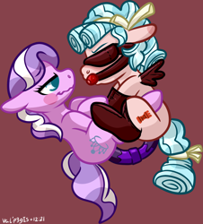 Size: 1476x1631 | Tagged: explicit, artist:walpurgie, diamond tiara, alternate version, armbinder, ballgag, bedroom eyes, blindfold, blush sticker, blushing, bondage, clothes, cozy glow, diamondglow, dildo, doubleheaded dildo, ear blush, earth pony, female, filly, filly on filly, foal, foalcon, g4, gag, imported from derpibooru, insertion, latex, legwear, lesbian, pegasus, pony, punish the villain, sex, sex toy, shipping, smiling, socks, stockings, thigh highs, vaginal insertion, wavy mouth, wing sleeves, wings