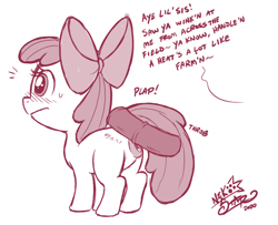 Size: 736x599 | Tagged: explicit, artist:nekostar, apple bloom, :/, applecest, big macintosh, bloom butt, blushing, brother and sister, butt, clitoris, cockslap, dialogue, disembodied penis, earth pony, emanata, estrus, female, filly, foal, foalcon, g4, horsecock, imminent incest, imported from derpibooru, incest, male, monochrome, nudity, offscreen character, onomatopoeia, part of a series, part of a set, penis, plap, plot, pony, ship:macbloom, shipping, siblings, straight, sweat, sweatdrop, throb, vagina, vulva, vulvar winking