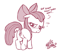 Size: 705x592 | Tagged: explicit, artist:nekostar, apple bloom, anatomically correct, anus, blank flank, bloom butt, blushing, butt, clitoris, dialogue, earth pony, emanata, estrus, female, filly, floppy ears, foal, foalcon, g4, imported from derpibooru, looking back, monochrome, nudity, onomatopoeia, open mouth, part of a series, part of a set, plot, ponut, pony, simple background, solo, solo female, sweat, sweatdrops, throb, underhoof, vulva, vulvar winking, white background