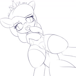 Size: 1800x1800 | Tagged: questionable, artist:an-m, diamond tiara, cameltoe, clothes, earth pony, female, filly, foal, foalcon, g4, imported from derpibooru, legwear, looking at you, lying down, monochrome, on back, one-piece swimsuit, open mouth, open smile, pony, smiling, socks, swimsuit, thigh highs