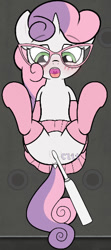 Size: 226x507 | Tagged: explicit, artist:dailevy, sweetie belle, anus, blushing, butt, clitoris, clothes, dock, electric toothbrush, female, filly, foal, foalcon, g4, game, glasses, imported from derpibooru, legwear, moaning, moaning in pleasure, nudity, open mouth, plot, pony, secret horse files, skirt, socks, spread legs, spreading, stockings, sweetie butt, tail, thigh highs, toothbrush, unicorn, vulva