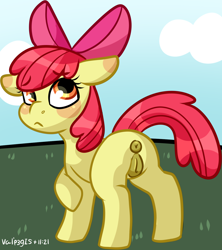 Size: 1301x1463 | Tagged: explicit, artist:walpurgie, apple bloom, anatomically correct, anus, butt, earth pony, female, filly, foal, foalcon, g4, imported from derpibooru, looking back, nervous, nudity, plot, pony, presenting, raised tail, solo, solo female, source needed, tail, vulva