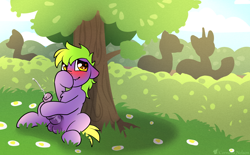 Size: 2427x1503 | Tagged: explicit, artist:cornelia_nelson, oc, alternate version, balls, blushing, chest fluff, colt, cum, cumming, earth pony, earth pony oc, foal, foalcon, horsecock, imported from derpibooru, male, masturbation, nudity, oc name needed, oc only, penis, pony, public, solo, solo male, tree
