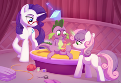 Size: 2275x1558 | Tagged: explicit, artist:dinoalpaka, rarity, spike, sweetie belle, alternate version, balls, blushing, casual boner, commission, dragon, erection, female, filly, foal, foalcon, g4, glasses, glowing, glowing horn, horn, implied shipping, implied spikebelle, implied straight, imported from derpibooru, magic, magic aura, male, mare, nudity, penis, pony, reacting to nudity, smiling, spread legs, spreading, telekinesis, trio, unicorn