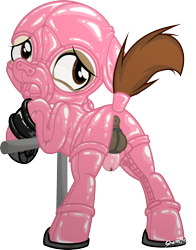 Size: 1367x1741 | Tagged: explicit, artist:sherathoz, anus, backsack, balls, bdsm, bondage, bondage furniture, butt, chastity, chastity cage, colt, crotchless, cuffs, earth pony, floppy ears, foal, foalcon, g4, gimp, gimp suit, imported from derpibooru, latex, latex suit, looking back, male, nudity, pipsqueak, plot, ponut, pony, presenting, rubber, solo, solo male, tail, tail wrap
