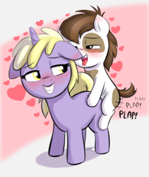 Size: 1552x1838 | Tagged: explicit, artist:heretichesh, ambiguous penetration, blushing, colored, colt, colt on filly, dinky hooves, duo, earth pony, female, filly, floating heart, foal, foalcon, g4, heart, imported from derpibooru, male, pipsqueak, plap, pony, ship:dinkysqueak, shipping, simple background, smiling, straight, tongue out, unicorn