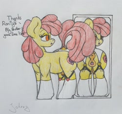 Size: 2058x1914 | Tagged: explicit, artist:johrnyreport, apple bloom, amber eyes, anatomically correct, anus, clitoris, clothes, crotchboobs, cutie mark, dock, earth pony, female, filly, foal, foalcon, g4, implied incest, imported from derpibooru, legwear, lingerie, mirror, nipples, nudity, photo, pony, socks, solo, solo female, stockings, tail, teats, text, thigh highs, traditional art, vulva, vulvar winking