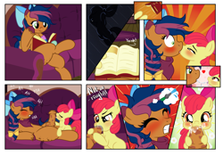 Size: 1564x1096 | Tagged: explicit, artist:ynery, apple bloom, oc, oc:solar comet, 6 panel comic, blowjob, blushing, book, bow, canon x oc, cock nursing, comic, couch, crossdressing, crossed legs, cum, cum eating, cum feeding, cum in mouth, cumming, cute, cute porn, disguise, disguised changedling, duo, earth pony, eyelashes, eyes closed, female, filly, filly on femboy, filly on stallion, foal, foalcon, foaldom, freckles, g4, gritted teeth, hair bow, imported from derpibooru, intersex, kissing, licking, lying, male, nudity, oral, pegasus, penis, pony, reading, reverse foalcon, salivating, sex, shocked, stallion, straight, text, tongue out, trap, yoink