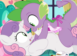 Size: 3521x2550 | Tagged: explicit, artist:tricksta, spike, sweetie belle, apron, blushing, clitoris, clothes, cup, dragon, dragon on pony action, duo, duo male and female, female, filly, foal, foalcon, g4, high res, human vulva on pony, imported from derpibooru, indoors, interspecies, looking at each other, male, nudity, penetration, pony, sex, ship:spikebelle, shipping, show accurate, show accurate porn, straight, teacup, unicorn, vaginal, vulva