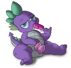 Size: 3248x3124 | Tagged: explicit, artist:fuzefurry, spike, balls, chubby, dragon, erection, foalcon, food, g4, hemipenis, high res, imported from derpibooru, male, multidick, nudity, penis, precum, sitting, solo, solo male
