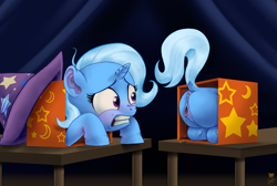 Size: 1485x1000 | Tagged: explicit, artist:jaxonian, age regression, alternate version, anatomically correct, anus, blank flank, clitoris, curtains, digital art, female, filly, filly trixie, foal, foalcon, g4, half, hat, imported from derpibooru, magic, magic box, mare, modular, now you're thinking with portals, nudity, one eye closed, ponut, pony, portal, raised tail, scared, solo, solo female, stars, table, tail, trixie, unicorn, vagina, vaginal secretions, vaginal secretions trail, vulva, vulvar winking, younger