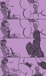 Size: 991x1652 | Tagged: explicit, artist:boardmindless, oc, oc:slimshod, age difference, all the way through, anal, anal orgasm, anatomically correct, anatomically incorrect, anthro, anthro on pony action, anus, balls, canon x oc, cartoon physics, clitoris, coco is an anal slut, coco pommel, comic, couch, crotchboobs, dialogue, earth pony, female, filly, foal, foalcon, g4, hammerspace, horsecock, imported from derpibooru, interspecies, looking pleasured, male, monochrome, nipple pinch, nipples, nudity, orgasm, part of a set, penetration, penis, ponut, pony, remote control, reverse blowjob, reverse oral, sex, sitting, size difference, squirting, straight, vaginal secretions, vulva, vulvar winking, who needs organs?
