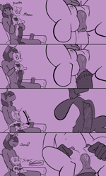 Size: 991x1652 | Tagged: explicit, artist:boardmindless, oc, oc:slimshod, abdominal bulge, age difference, anal, anal orgasm, anatomically correct, anatomically incorrect, anthro, anthro male on filly, anthro on pony action, anus, balls, canon x oc, cartoon physics, clitoris, coco is an anal slut, coco pommel, comic, couch, crotchboobs, dialogue, earth pony, female, filly, foal, foalcon, g4, hammerspace, horsecock, imported from derpibooru, interspecies, looking pleasured, male, monochrome, nipple pinch, nipples, nudity, orgasm, part of a set, penetration, penis, ponut, pony, remote control, sex, sitting, size difference, squirting, straight, vaginal secretions, vulva, vulvar winking, who needs organs?