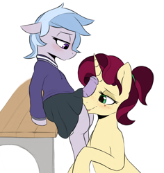 Size: 1366x1449 | Tagged: explicit, artist:tre, oc, oc:mulberry merlot, oc:winter azure, age difference, blushing, clothes, colt, colt on mare, crossdressing, cute, earth pony, earth pony oc, erection, eyelashes, female, femboy on female, foal, foalcon, freckles, girly, heart, imported from derpibooru, male, mare, mulberry is a foalslut, nudity, oc only, ocbetes, penis, penis on face, pony, ponytail, skirt, skirt boner, straight, straight shota, sweater, tattoo, trap, unicorn