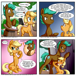 Size: 3500x3500 | Tagged: explicit, artist:anibaruthecat, applejack, oc, oc:cyan sand, alternate hairstyle, balls, blowjob, blushing, bribery, canon x oc, clumsy, comic, cum, cum on body, dialogue, facial, female, filly, foal, foalcon, freckles, g4, high res, hoofjob, implied granny smith, imported from derpibooru, liarjack, male, nudity, one eye closed, oral, penis, pigtails, pony, porn dialogue, prostitution, scrunchy face, sex, speech bubble, straight, teenage applejack, teenager, younger