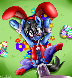 Size: 2906x3124 | Tagged: explicit, artist:anibaruthecat, oc, oc:tinker doo, age difference, alternate version, anal, anal creampie, anal orgasm, autofacial, balls, big dom small sub, blushing, bunny ears, bunny suit, clothes, colt, creampie, crossdressing, cum, cum on glasses, cum on hair, cum on self, cum while penetrated, cumming, duo, duo male, easter, easter egg, facial, foal, foalcon, frog (hoof), from front, gay, genitals, glasses, hands free, high heels, high res, holiday, horsecock, imported from derpibooru, larger male, legwear, male, missionary position, nudity, orgasm, orgasm cumshot, penetration, penis, pony, pony on pony action, sex, shoes, simultaneous orgasm, size difference, smaller male, socks, stallion, stallion on colt, stockings, thigh highs, underhoof
