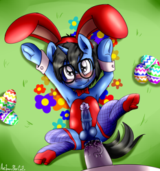 Size: 2906x3124 | Tagged: explicit, artist:anibaruthecat, oc, oc:tinker doo, age difference, anal, balls, big dom small sub, blushing, bunny ears, bunny suit, clothes, colt, crossdressing, easter, easter egg, foal, foalcon, frog (hoof), gay, glasses, high heels, high res, holiday, imported from derpibooru, larger male, legwear, male, missionary position, nudity, penetration, penis, pony, pony on pony action, sex, shoes, size difference, smaller male, socks, stallion, stallion on colt, stockings, thigh highs, underhoof