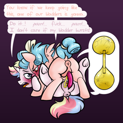 Size: 2000x2000 | Tagged: explicit, grotesque, artist:vodkamewtwoni, oc, oc:cherry heartstealer, ahegao, anus, bladder, blush lines, blush sticker, blushing, blushing profusely, bursting, canon x oc, catheter, clitoris, cozy glow, cracking, desperation, dildo, doubleheaded dildo, duo, eyes rolling back, female, fetish, filly, filly on filly, foal, foalcon, frog (hoof), g4, hentai quotes, high res, imminent gore, imported from derpibooru, insertion, lesbian, looking at each other, looking at someone, looking back, need to pee, nudity, open mouth, panting, pony, potty time, puckered asshole, pure evil, raised tail, sex, sex toy, spread wings, tail, this will end in pain, tongue out, underhoof, urine, vaginal insertion, vaginal secretion stain, vaginal secretions, vaginal secretions dripping, vaginal secretions trail, vulgar, vulva, watersports, wingboner, wings