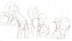 Size: 2560x1440 | Tagged: explicit, artist:dtcx97, anus, balls, colt, doodle, female, filly, foal, foalcon, group sex, horsecock, imported from derpibooru, male, monochrome, nudity, orgy, penis, ponut, sketch, unfinished art, vulva
