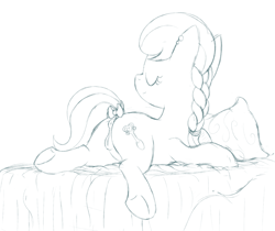 Size: 1809x1517 | Tagged: explicit, artist:dtcx97, silver spoon, anatomically correct, anus, bow, earth pony, eyes closed, female, filly, foal, foalcon, g4, imported from derpibooru, monochrome, nudity, ponut, pony, sketch, solo, solo female, tail wrap, vulva