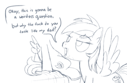 Size: 2031x1328 | Tagged: explicit, artist:dtcx97, rainbow dash, scootaloo, age difference, bisexual dash, dialogue, female, filly, foal, foalcon, g4, implied incest, implied raincest, implied scootahoof, imported from derpibooru, lesbian, mare, mare on filly, monochrome, pegasus, pony, sex, ship:scootadash, shipping, sketch, vaginal secretions