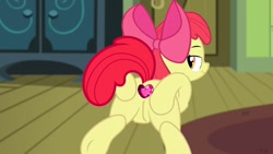Size: 1280x720 | Tagged: explicit, artist:sasukex125, editor:angrymetal, apple bloom, 1000 hours in ms paint, anal insertion, bloom butt, butt, buttplug, earth pony, female, filly, foal, foalcon, g4, imported from derpibooru, insertion, jeweled buttplug, looking at you, looking back, looking back at you, lying down, nudity, plot, pony, prone, rear view, sex toy, smiling, smiling at you, solo, solo female, vulva
