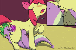Size: 1280x844 | Tagged: explicit, artist:caluriri, apple bloom, spike, analingus, analingus on female, anus, bloom butt, blushing, butt, butt touch, dragon, earth pony, female, filly, foal, foalcon, g4, hand on butt, imported from derpibooru, interspecies, male, male on female analingus, nudity, oral, pony, sex, ship:spikebloom, shipping, straight, vulva