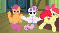 Size: 1280x720 | Tagged: explicit, artist:sasukex125, editor:angrymetal, apple bloom, scootaloo, sweetie belle, anal insertion, butt, buttplug, clitoris, cutie mark crusaders, earth pony, female, filly, foal, foalcon, g4, imported from derpibooru, insertion, jeweled buttplug, looking at you, nudity, pegasus, plot, pony, sex toy, spread butt, unicorn, vagina, vulva