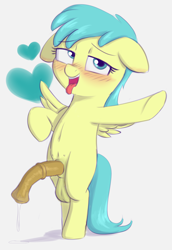 Size: 1732x2520 | Tagged: explicit, artist:heretichesh, bipedal, blushing, crotchboobs, dripping precum, female, filly, floating heart, foal, foalcon, futa, futa filly, futa rainy feather, g4, heart, imported from derpibooru, intersex, nipples, nudity, pegasus, penis, pony, precum, rainy feather, solo, solo female, solo futa, spread wings, stretching, tongue out, wingboner, wings