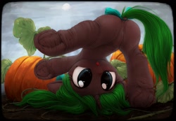 Size: 1350x935 | Tagged: explicit, artist:darkstylerz, oc, oc:biohazard, armpits, clitoris, commission, cute, female, filly, foal, foalcon, frog (hoof), headstand, hooves, imported from derpibooru, nudity, oc only, pony, pumpkin, solo, solo female, source needed, tongue out, underhoof, unicorn, useless source url, vulva, ych result