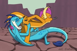 Size: 1280x844 | Tagged: explicit, artist:caluriri, analingus, analingus on female, anus, blushing, butt, dragon, dragon lands, dragoness, duo, duo female, enjoying, eyes closed, female, female on female analingus, foalcon, g4, genitals, imported from derpibooru, larger female, lesbian, moaning, moaning in pleasure, nudity, older female, oral, penetration, princess ember, sex, ship:smember, shipping, size difference, smaller female, smolder, smolderriere, tongue penetration, vulva, younger female