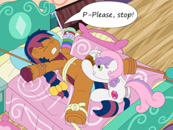 Size: 4000x3000 | Tagged: explicit, artist:pvryohei, sweetie belle, oc, oc:solar comet, age difference, anus, bdsm, bed, bedroom, bondage, bound wings, canon x oc, cock torture, commission, consensual, crossdressing, cum, cumming, dialogue, disguised changedling, domination, dominatrix, duo, eyes closed, female, femdom, filly, filly on stallion, foal, foalcon, foaldom, frog (hoof), g4, grin, gritted teeth, hoofjob, imported from derpibooru, male, multi orgasm torture, nudity, overstimulation, pain, pegasus, penis, ponut, pony, sex, sexual torture, size difference, smiling, spread eagle, stallion, straight, sweetiedom, tied to bed, underhoof, unicorn, vulva, wings