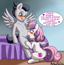 Size: 1927x1968 | Tagged: explicit, artist:anibaruthecat, sweetie belle, alternate version, balls, bed, bedroom eyes, blowjob, blushing, colt, dialogue, female, fetish, filly, filly on colt, foal, foalcon, g4, horsecock, imported from derpibooru, kiss mark, lidded eyes, lipstick, lipstick fetish, lipstick on penis, looking at each other, male, nudity, on bed, open mouth, oral, pegasus, penis, pony, rumble, sex, ship:rumbelle, shipping, sitting, smiling, speech bubble, spread wings, straight, sweetie butt, the cmc's cutie marks, unicorn, wings