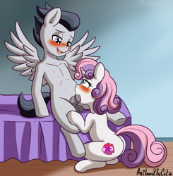 Size: 1927x1968 | Tagged: explicit, artist:anibaruthecat, sweetie belle, alternate version, balls, bed, bedroom eyes, blowjob, blushing, colt, female, fetish, filly, filly on colt, foal, foalcon, g4, horsecock, imported from derpibooru, kiss mark, lidded eyes, lipstick, lipstick fetish, lipstick on penis, looking at each other, male, nudity, on bed, open mouth, oral, pegasus, penis, pony, rumble, sex, ship:rumbelle, shipping, sitting, smiling, spread wings, straight, sweetie butt, the cmc's cutie marks, unicorn, wings