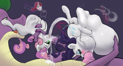 Size: 2794x1500 | Tagged: explicit, grotesque, artist:hexado, rarity, spike, sweetie belle, abdominal bulge, adult, adult spike, all the way through, analingus, analingus on female, anatomically correct, anatomically incorrect, anus, bad anatomy, balls, belly inflation, big balls, big penis, bisexual, blank flank, blowjob, blushing, bodily condomnation, clitoris, creampie, cum, cum belly, cum drinking, cum eating, cum fart, cum fountain, cum in mouth, cum inflation, cum on hair, cum on tail, cum out mouth, cum through, deepthroat, dock, dragon, dragon dick, excessive cum, facefuck, felching, female, filly, foal, foalcon, g4, heart, imported from derpibooru, impossible fit, impossibly large penis, inflation, intestines, knot, lesbian, living cock sleeve, living condom, male, male on female analingus, mare, nudity, older, older spike, oral, oral knotting, penetration, penis, pony, sex, ship:sparibelle, ship:sparity, ship:spikebelle, shipping, straight, this will end in explosions, throat bulge, tongue out, trio, unicorn, vaginal secretions, vomiting cum, vulva, vulvar winking, wall of tags, who needs organs?, x-ray