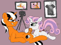 Size: 1920x1426 | Tagged: explicit, artist:dragonlover69, scootaloo, sweetie belle, oc, oc:dragonlover69, oc:ever harmon, age difference, big dom small sub, blowjob, camera, canon x oc, female, filly, foal, foalcon, g4, imported from derpibooru, male, nudity, oral, penis, pony, sex, size difference, stallion, stallion on filly, straight