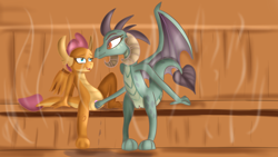 Size: 1280x720 | Tagged: explicit, artist:jbond, ahegao, clitoris, dragon, dragoness, duo, duo female, female, fisting, foalcon, g4, imported from derpibooru, lesbian, nudity, open mouth, princess ember, sauna, ship:smember, sitting, smolder, teenaged dragon, teenager, tongue out, vaginal secretions, vulva