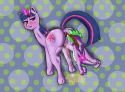 Size: 1200x881 | Tagged: explicit, grotesque, artist:plorb, spike, twilight sparkle, abstract background, alternate version, anus, balls, blushing, butt, clitoris, cum, cumming, dragon, female, femdom, fetish, foalcon, g4, horn, imported from derpibooru, levitation, looking back, magic, male, micropenis, nudity, penis, pissing, plot, ponut, pony, poop, pooping, scat, tail, telekinesis, unicorn, unicorn twilight, urine, vulva, watersports