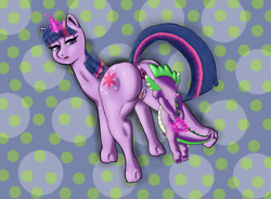 Size: 1200x881 | Tagged: explicit, artist:plorb, spike, twilight sparkle, abstract background, anus, balls, butt, clitoris, dragon, female, femdom, foalcon, g4, horn, imported from derpibooru, levitation, looking back, magic, male, micropenis, nudity, penis, plot, ponut, pony, small penis, tail, telekinesis, unicorn, vulva