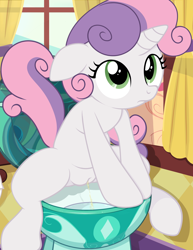 Size: 2550x3300 | Tagged: explicit, artist:tricksta, sweetie belle, arm hooves, belly, but why, female, fetish, filly, foal, foalcon, g4, high res, human vulva on pony, imported from derpibooru, monochrome, nudity, part of a set, peeing from crotch, pissing, pony, potty time, semi-anthro, show accurate, show accurate porn, sitting, sitting on toilet, solo, solo female, spread legs, spreading, toilet, unicorn, urine, vulva, watersports
