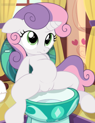 Size: 2550x3300 | Tagged: explicit, artist:tricksta, sweetie belle, belly, but why, female, filly, foal, foalcon, g4, high res, human vulva on pony, imported from derpibooru, imported from twibooru, monochrome, nudity, part of a set, pony, potty time, semi-anthro, show accurate, show accurate porn, sitting, sitting on toilet, solo, solo female, spread legs, spreading, toilet, underage, unicorn