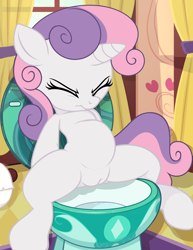 Size: 2550x3300 | Tagged: explicit, artist:tricksta, sweetie belle, belly, eyes closed, female, filly, foal, foalcon, g4, high res, human vulva on pony, imported from derpibooru, imported from twibooru, monochrome, nudity, part of a set, pony, potty time, semi-anthro, show accurate, show accurate porn, sitting, sitting on toilet, solo, solo female, spread legs, spreading, toilet, underage, unicorn