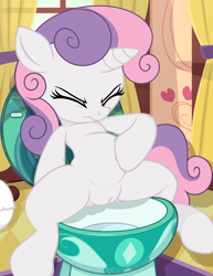Size: 2550x3300 | Tagged: explicit, artist:tricksta, sweetie belle, arm hooves, belly, eyes closed, female, filly, foal, foalcon, g4, high res, human vulva on pony, imported from derpibooru, imported from twibooru, monochrome, nudity, part of a set, pony, potty time, semi-anthro, show accurate, show accurate porn, sitting, sitting on toilet, solo, solo female, spread legs, spreading, toilet, underage, unicorn