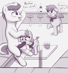 Size: 2672x2872 | Tagged: explicit, artist:heretichesh, oc, oc:flint spark, age difference, alcohol, bad parenting, bar stool, big dom small sub, blowjob, blushing, bottle, casual sex, clothes, earth pony, female, filly, foal, foalcon, glass table, high res, imported from derpibooru, male, mare, mother and child, mother and daughter, nudity, oc only, oral, penis, pony, pregnant, prostitution, scarf, service pony, sex, sketch, stallion, stallion on filly, straight, trio, wine bottle