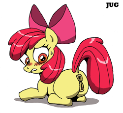 Size: 1156x1063 | Tagged: explicit, artist:jug, apple bloom, anus, bloom butt, blushing, butt, clitoris, dock, earth pony, female, filly, foal, foalcon, g4, gritted teeth, imported from derpibooru, looking back, nudity, plot, ponut, pony, solo, solo female, source needed, sweat, sweatdrop, vulva